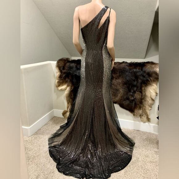 Black Sequins & Beads One Shoulder Evening Dress, Stunning Black Evening Gown - Picture 6 of 14